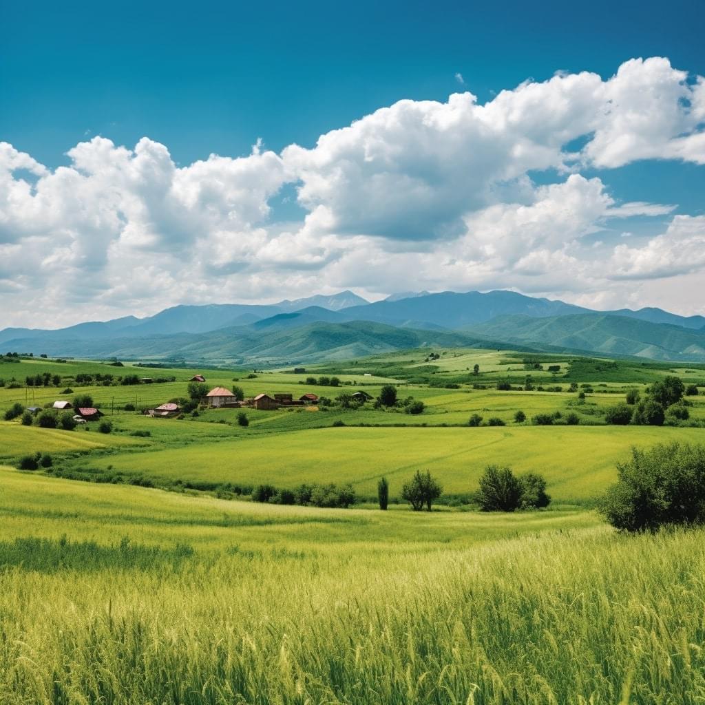 A panoramic shot of the vast, green fields of the Bulgarian countryside, with the mountains in the distance. The image should convey a sense of serenity and tranquility.