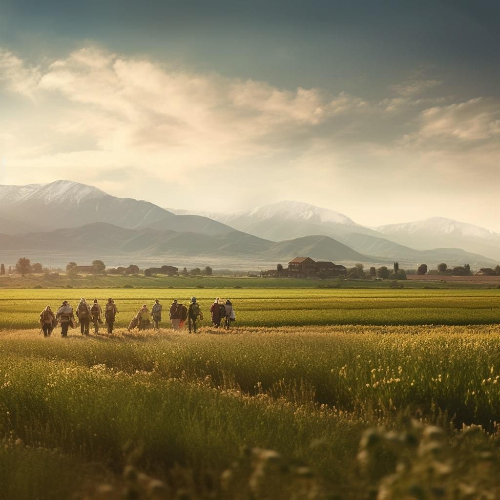 A panoramic shot of the vast, green fields of the Bulgarian countryside, with the mountains in the distance. The image should convey a sense of serenity and tranquility.